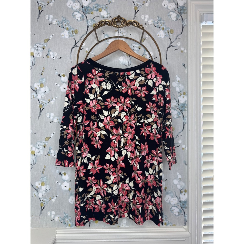 J. Jill Wearever Floral V-Neck Tunic Top 3/4 Sleeve Black Pink XS 165311